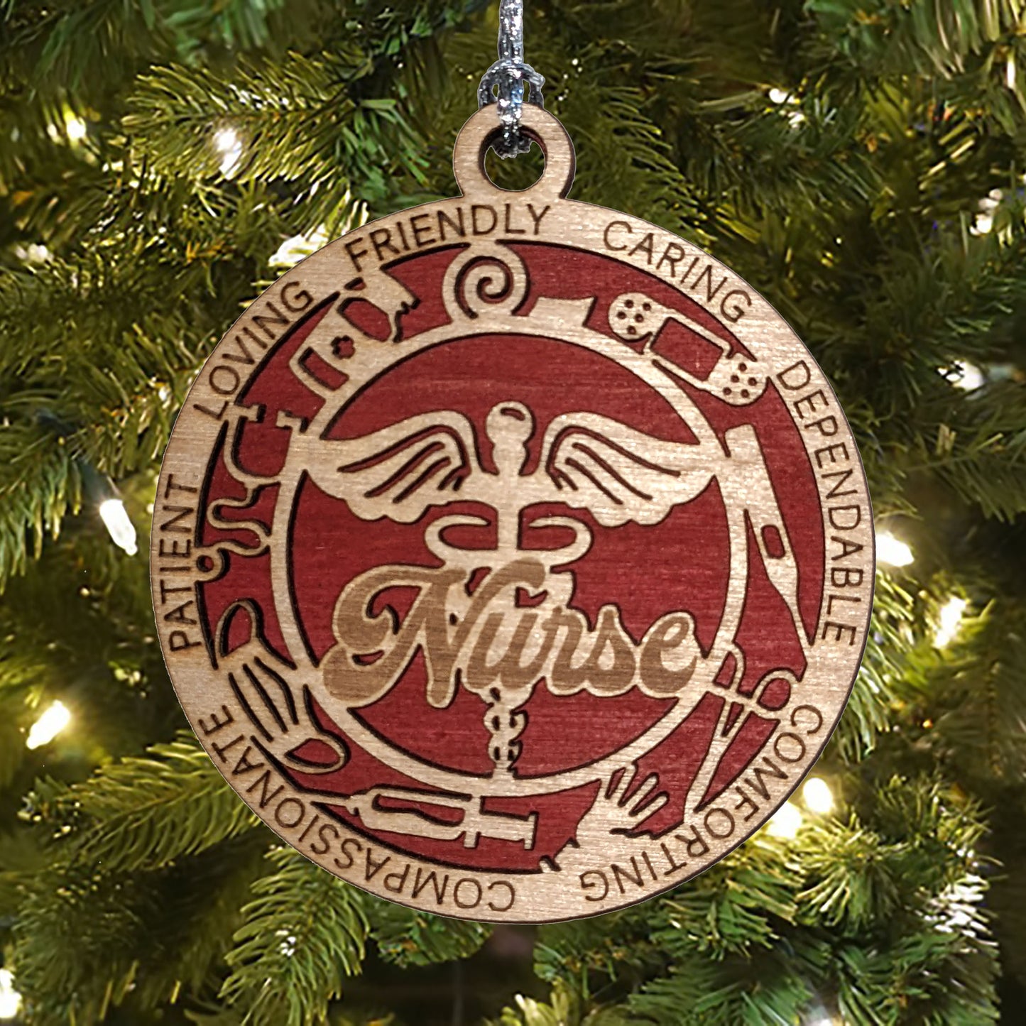Handcrafted 3" Wooden Nurse Christmas Ornament, 2-Layer Laser Cut Design, Customizable Text & Color Background, Caduceus Cutout, Medical Icons, Made in USA - Perfect Gift for Healthcare Heroes!