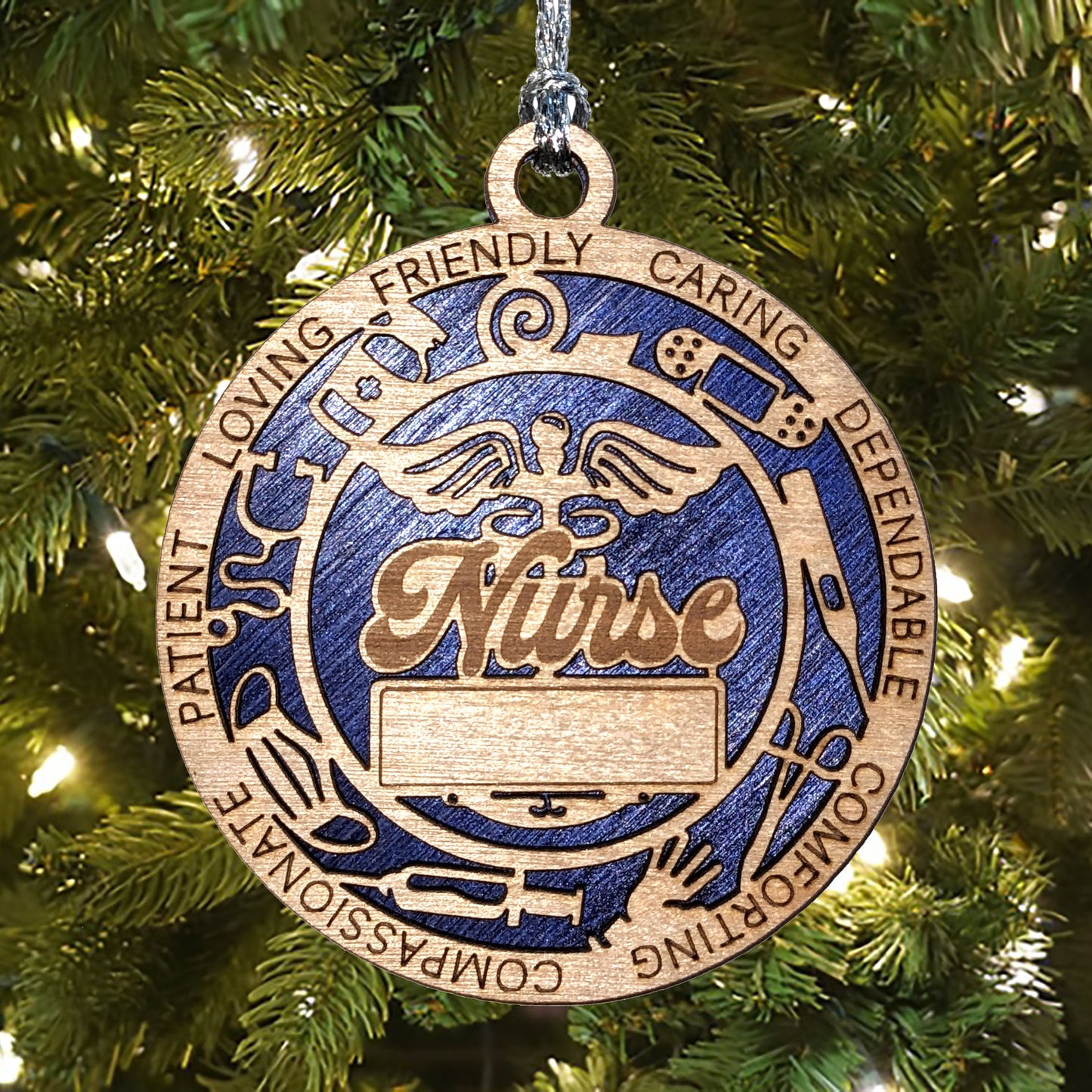 Handcrafted 3" Wooden Nurse Christmas Ornament, 2-Layer Laser Cut Design, Customizable Text, Caduceus & Medical Icons, Natural Wood & Colored Background Options, Made in USA, Perfect Gift for Nurses