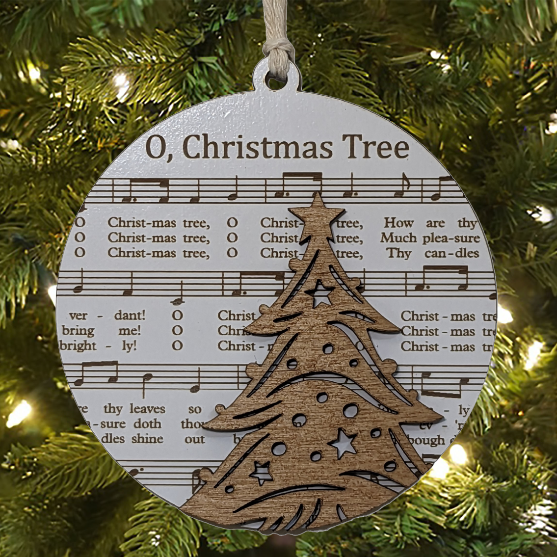 3.5" Laser Engraved Christmas Ornament - O Christmas Tree Sheet Music Design, Holiday Musical Decor, Festive Xmas Gift