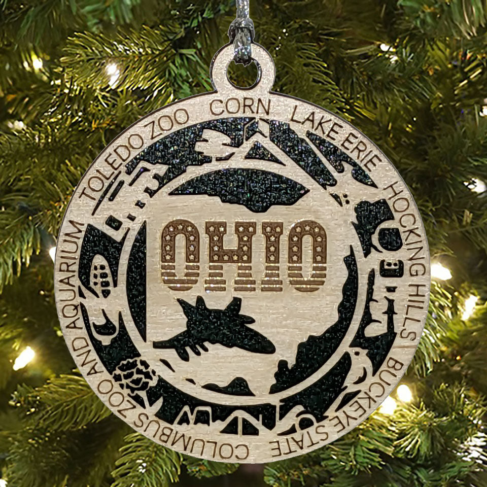 Ohio State Pride 3D Wood Laser Cut Ornament: Featuring Iconic Ohio Symbols and Custom Background Colors