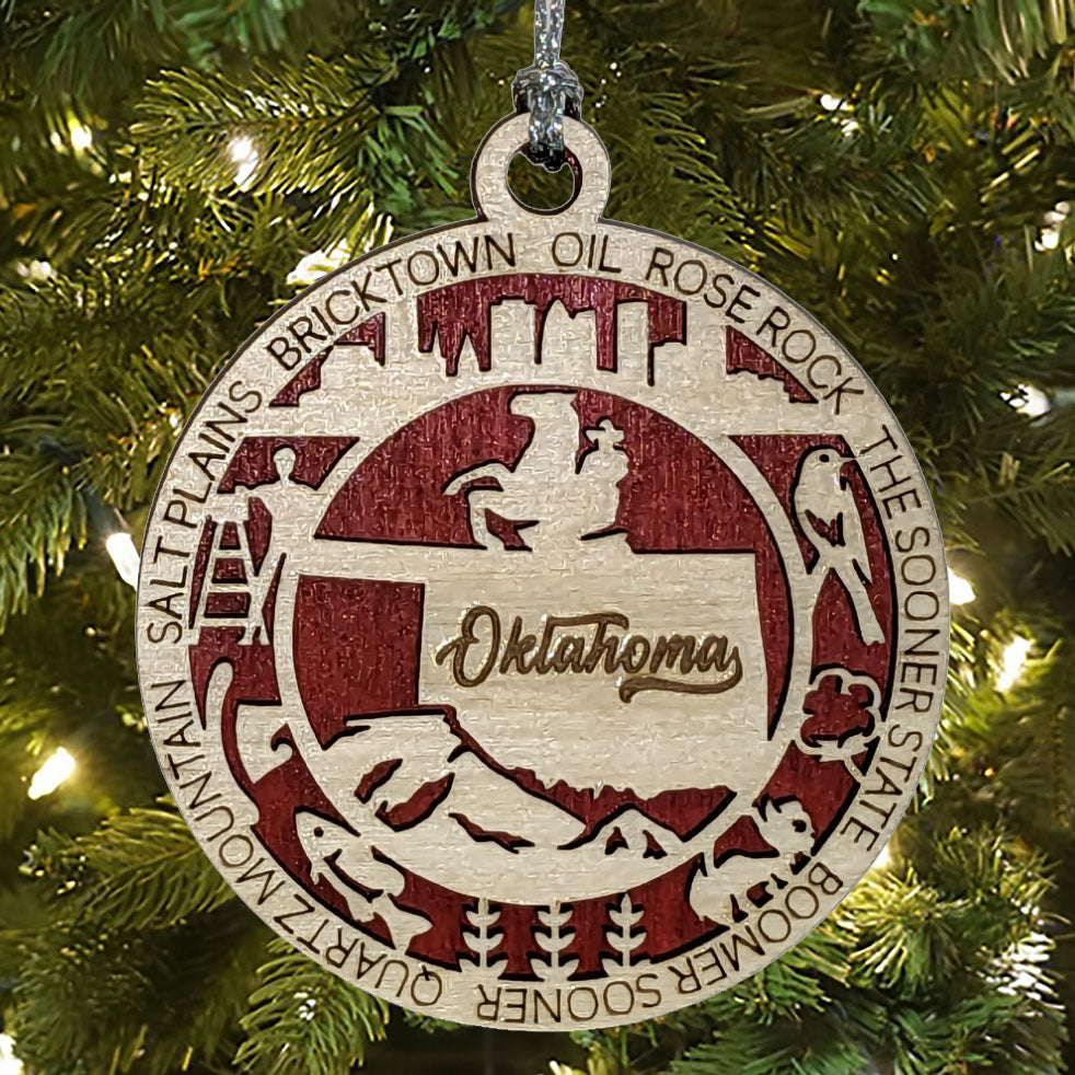 Oklahoma State Pride 3D Wood Laser Cut Ornament: Featuring Iconic Oklahoma Symbols and Custom Background Colors