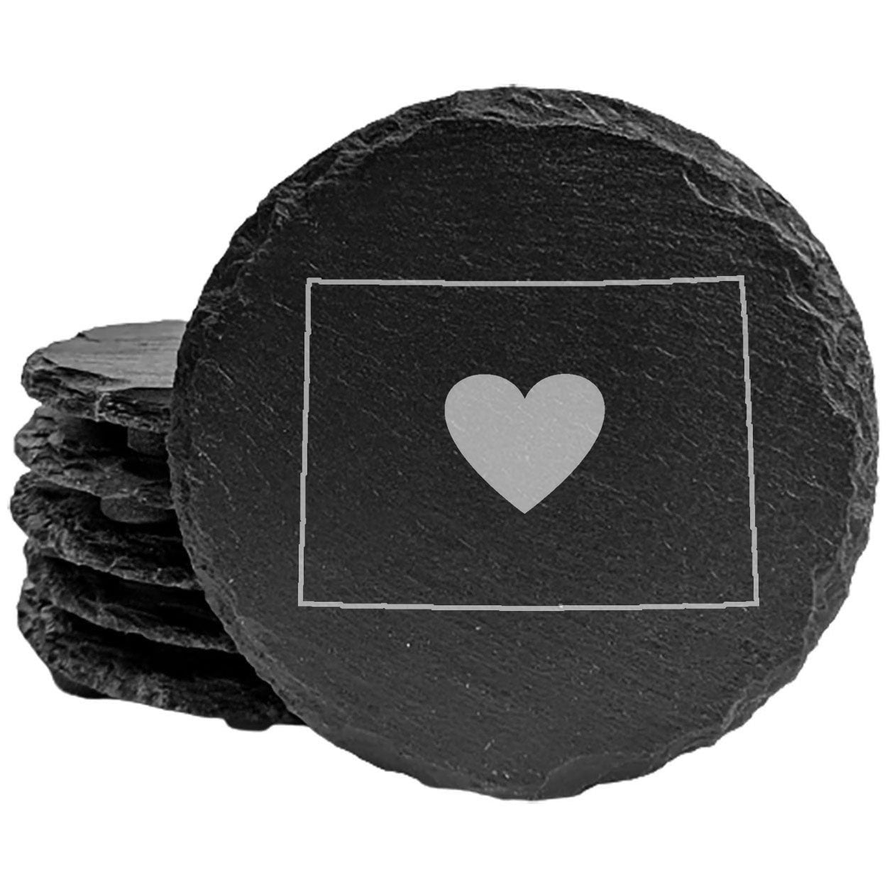 Rustic Slate Coasters Set of 4, Colorado Heart Design, 4" Round, Natural Chipped Edge, Rubber Feet, , Perfect for Holidays, Birthdays, Housewarming, Made in Oregon, USA