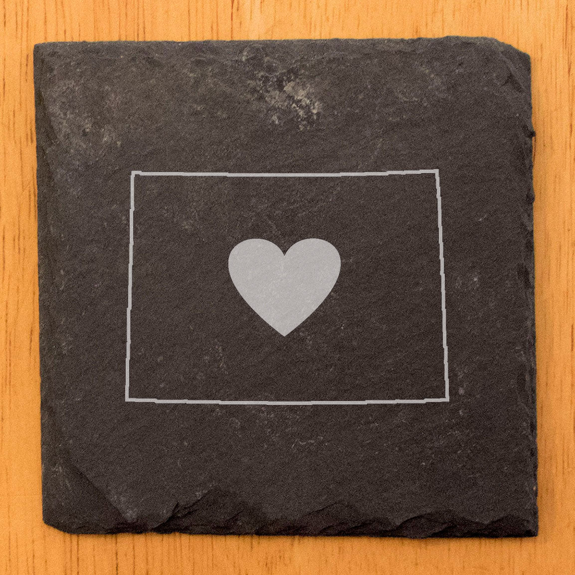 Rustic Slate Coasters Set of 4, Colorado Heart Design, 4" Round, Natural Chipped Edge, Rubber Feet, , Perfect for Holidays, Birthdays, Housewarming, Made in Oregon, USA