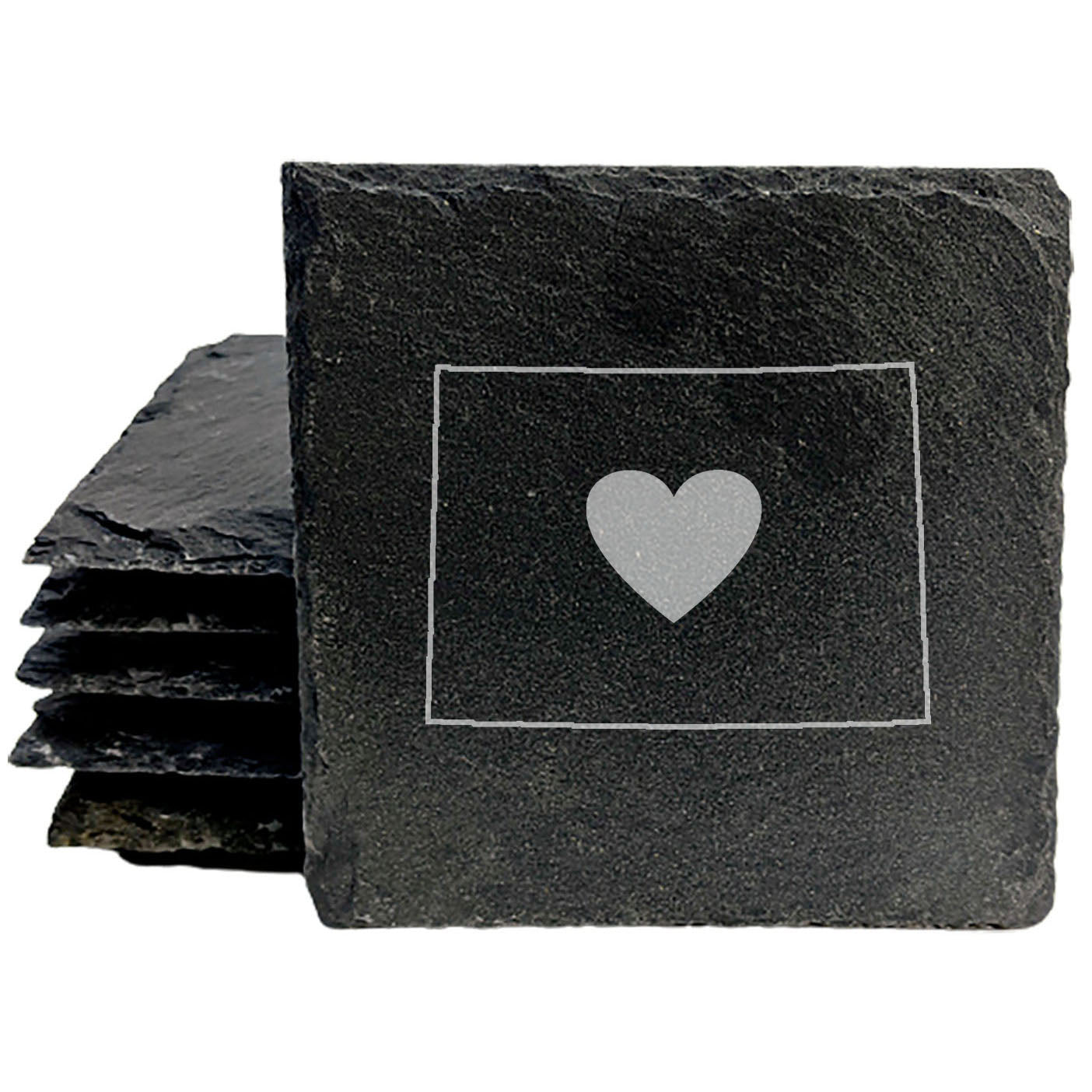 Rustic Slate Coasters Set of 4, Colorado Heart Design, 4" Round, Natural Chipped Edge, Rubber Feet, , Perfect for Holidays, Birthdays, Housewarming, Made in Oregon, USA