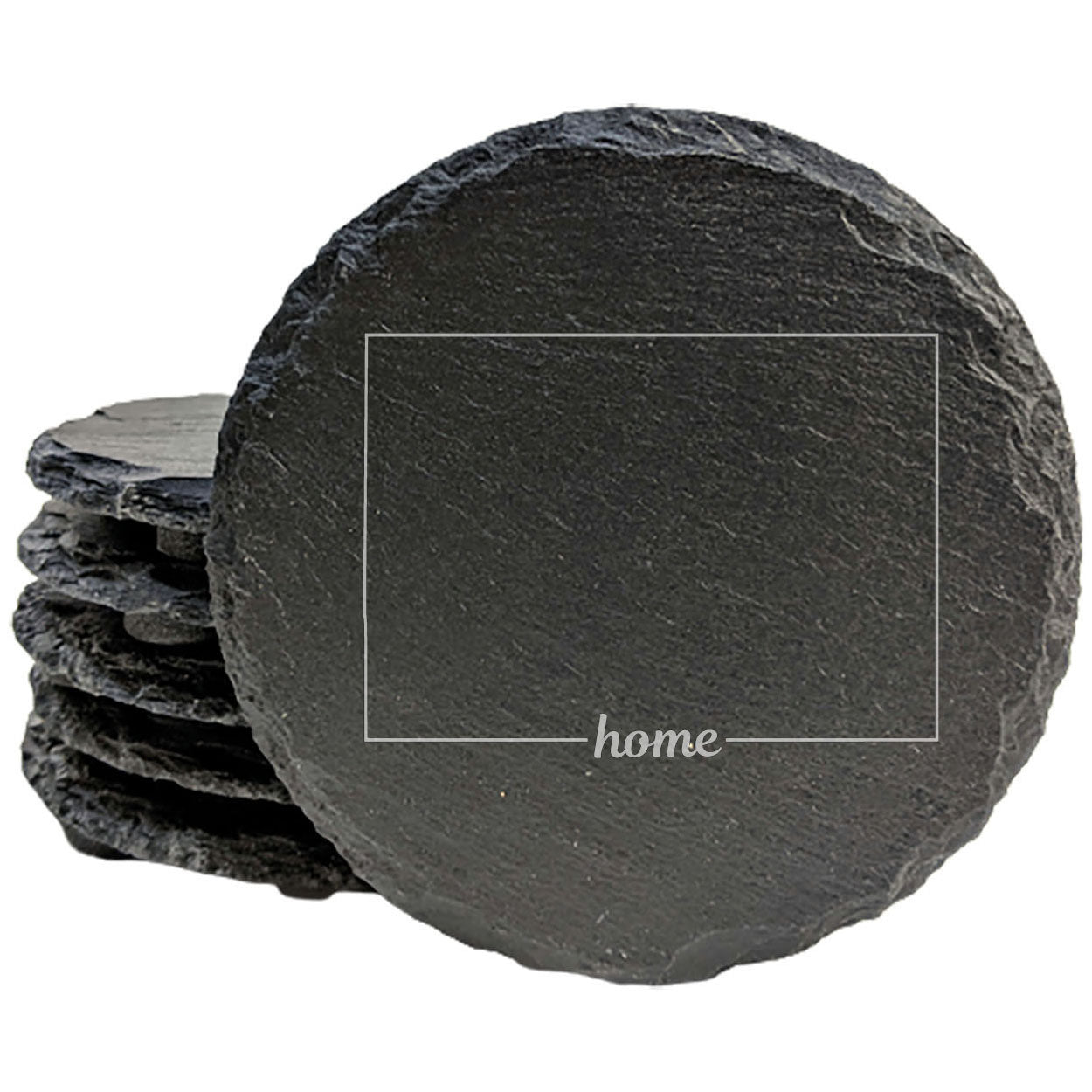 Rustic Slate Coasters Set of 4, Round 4" with Colorado 'Home' Design, Laser Etched, Perfect for Holidays, Birthdays, Housewarming Gifts, Made in Oregon, USA, Natural Chipped Edge, Rubber Feet