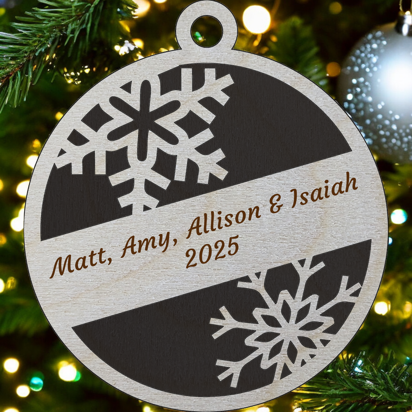 Rustic 2-Layer Wooden Ornament - Customizable Snowflake Design - 3" Round Christmas Tree Decoration