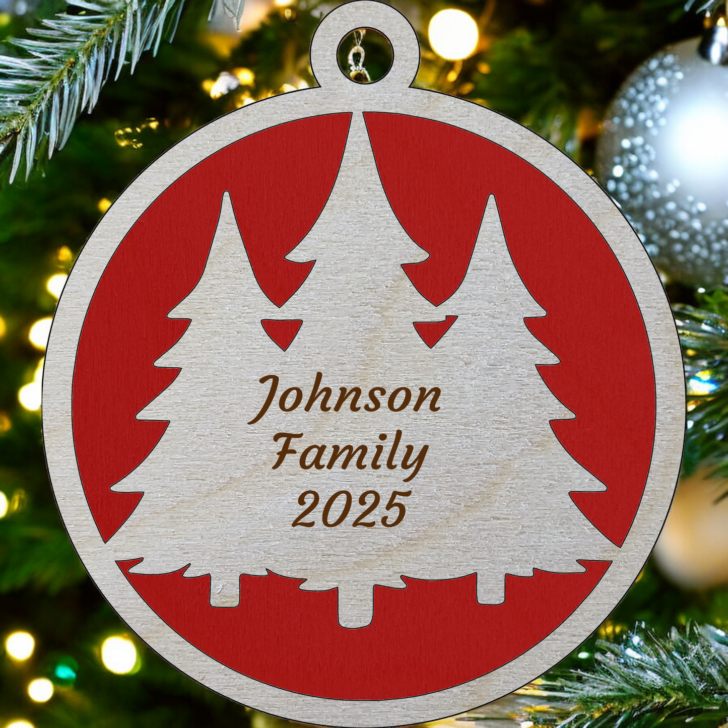 Rustic 2-Layer Wood Christmas Ornament - 3" Round, Custom Message, Laser Cut Tree Design
