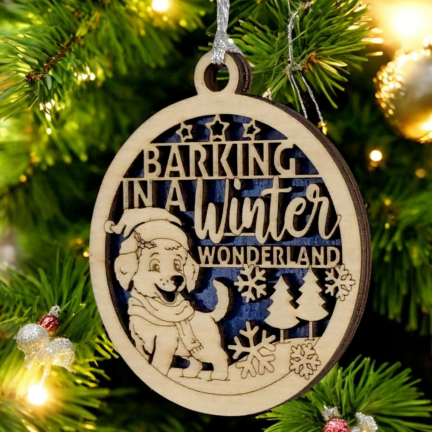 Dog Christmas Ornament - "Barking in Winter Wonderland" - 3" Laser Cut Wood, White or Natural Finish, Handcrafted in USA