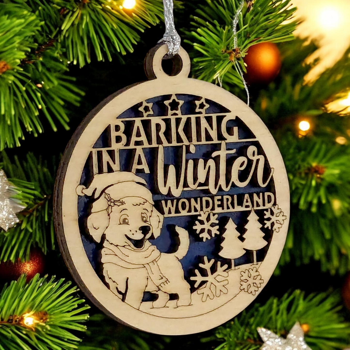 Dog Christmas Ornament - "Barking in Winter Wonderland" - 3" Laser Cut Wood, White or Natural Finish, Handcrafted in USA