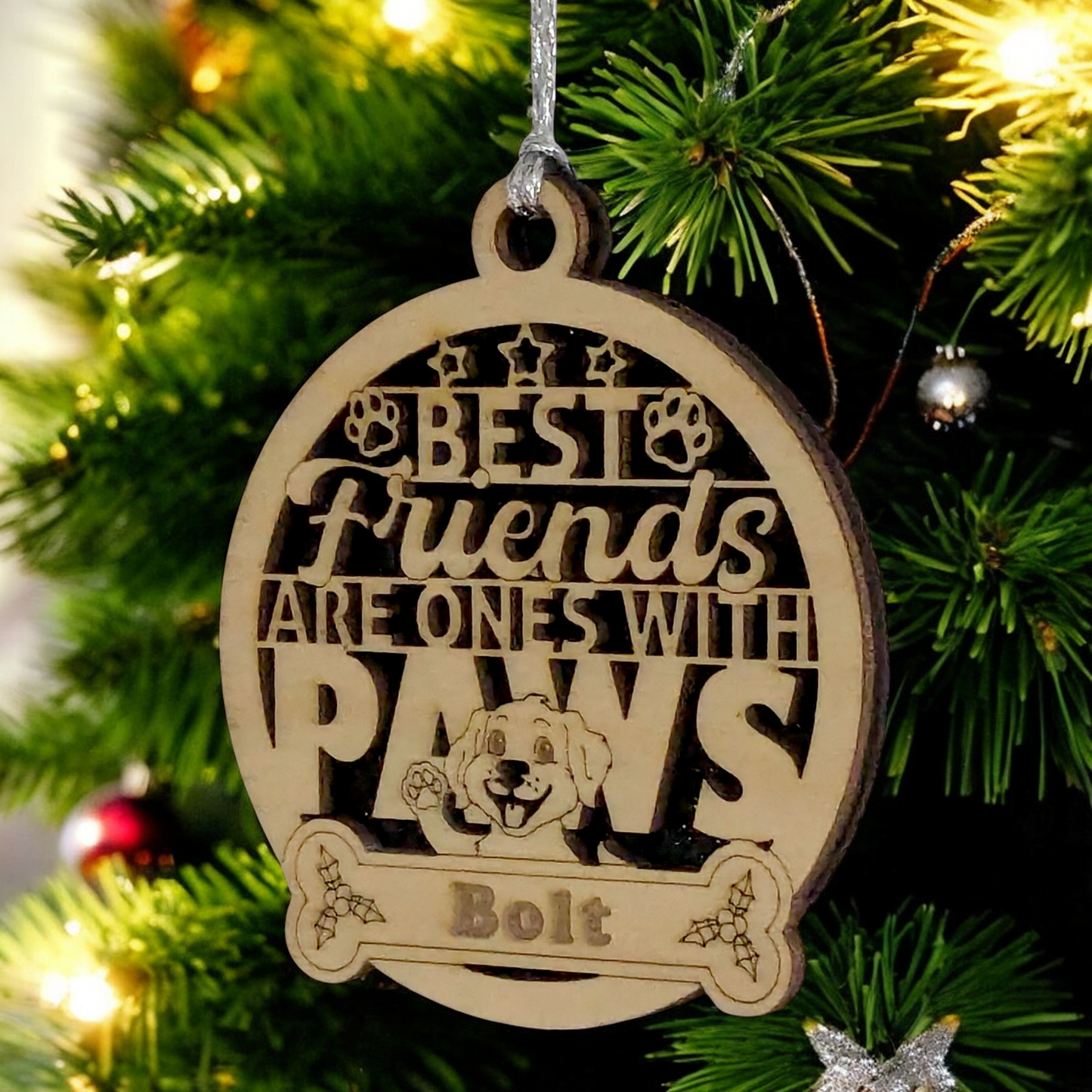 Personalized Dog Christmas Ornament - Custom Pet Name on 3" Wooden Holiday Decoration - Handcrafted Two-Layer Design with Waving Dog - The Best Friends are the ones with Paws