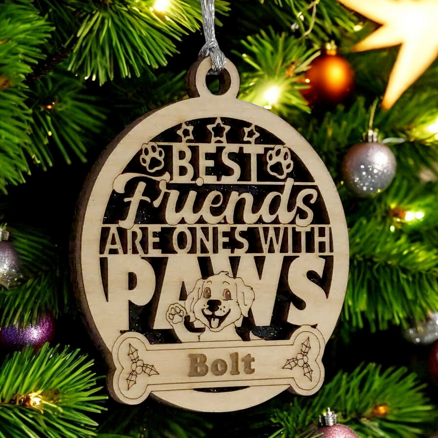 Personalized Dog Christmas Ornament - Custom Pet Name on 3" Wooden Holiday Decoration - Handcrafted Two-Layer Design with Waving Dog - The Best Friends are the ones with Paws