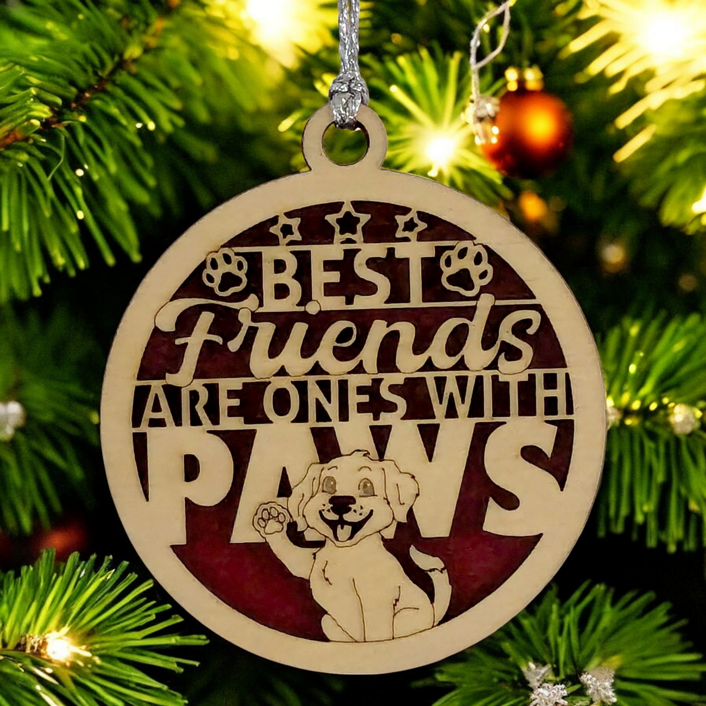 Rustic Wood Dog Ornament - 3" Two-Layer Pet Christmas Decoration - Best Friends Paw Quote - Handcrafted USA Made Holiday Gift