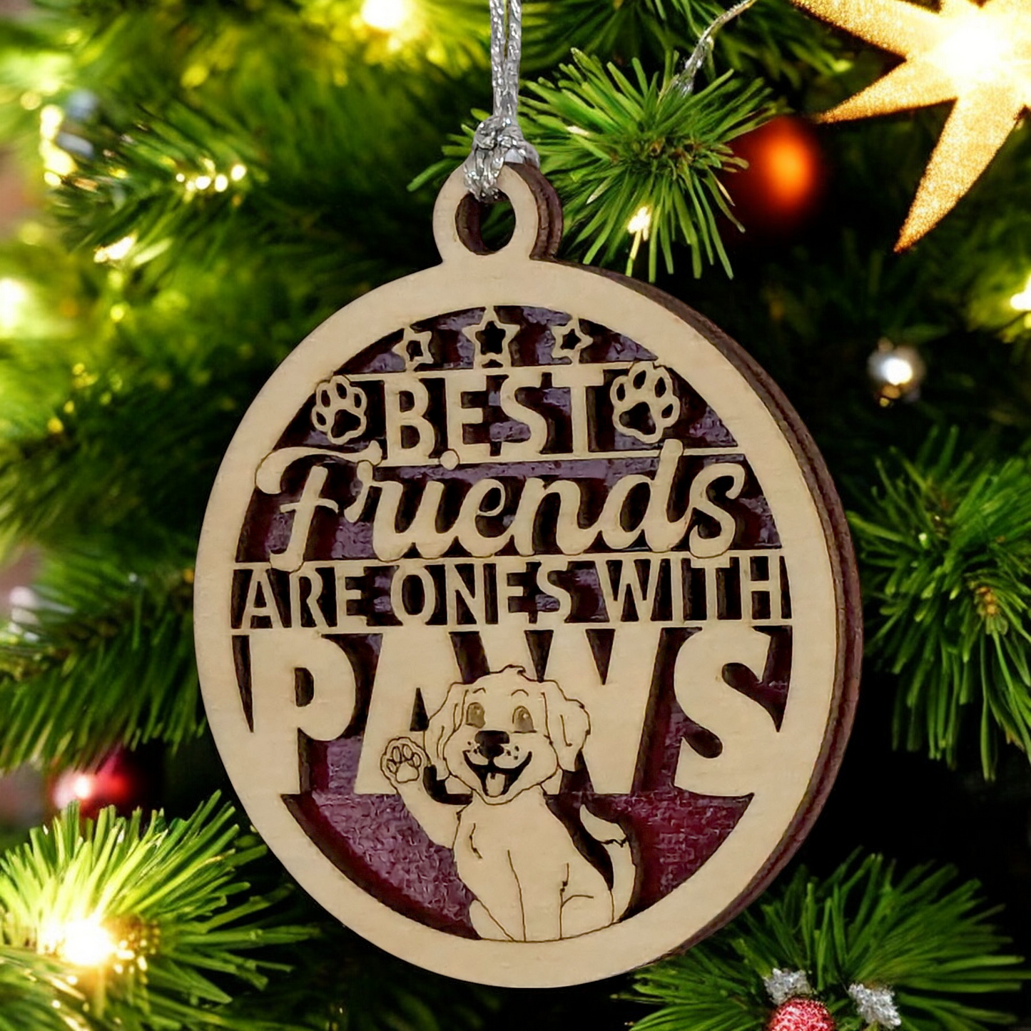 Rustic Wood Dog Ornament - 3" Two-Layer Pet Christmas Decoration - Best Friends Paw Quote - Handcrafted USA Made Holiday Gift