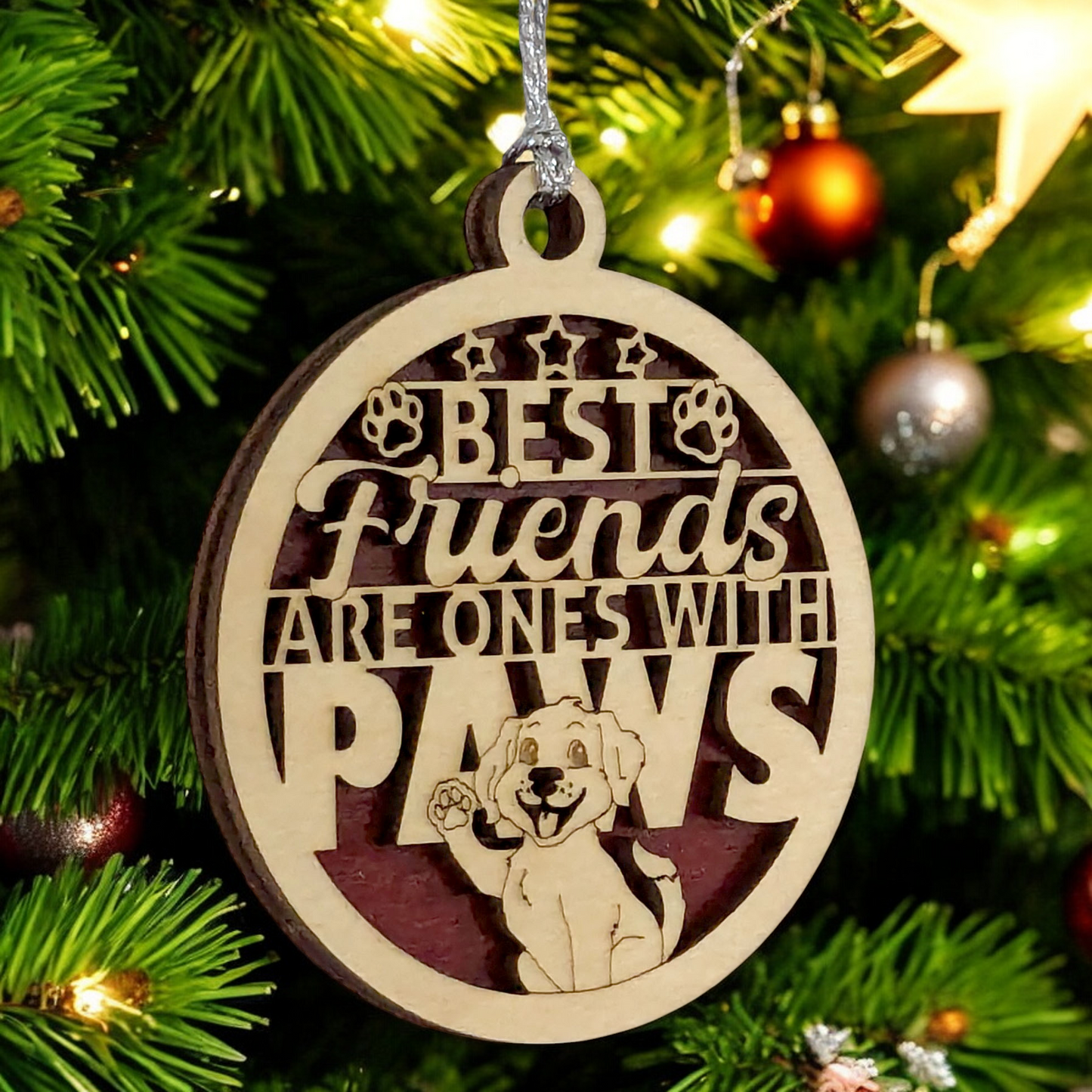 Rustic Wood Dog Ornament - 3" Two-Layer Pet Christmas Decoration - Best Friends Paw Quote - Handcrafted USA Made Holiday Gift