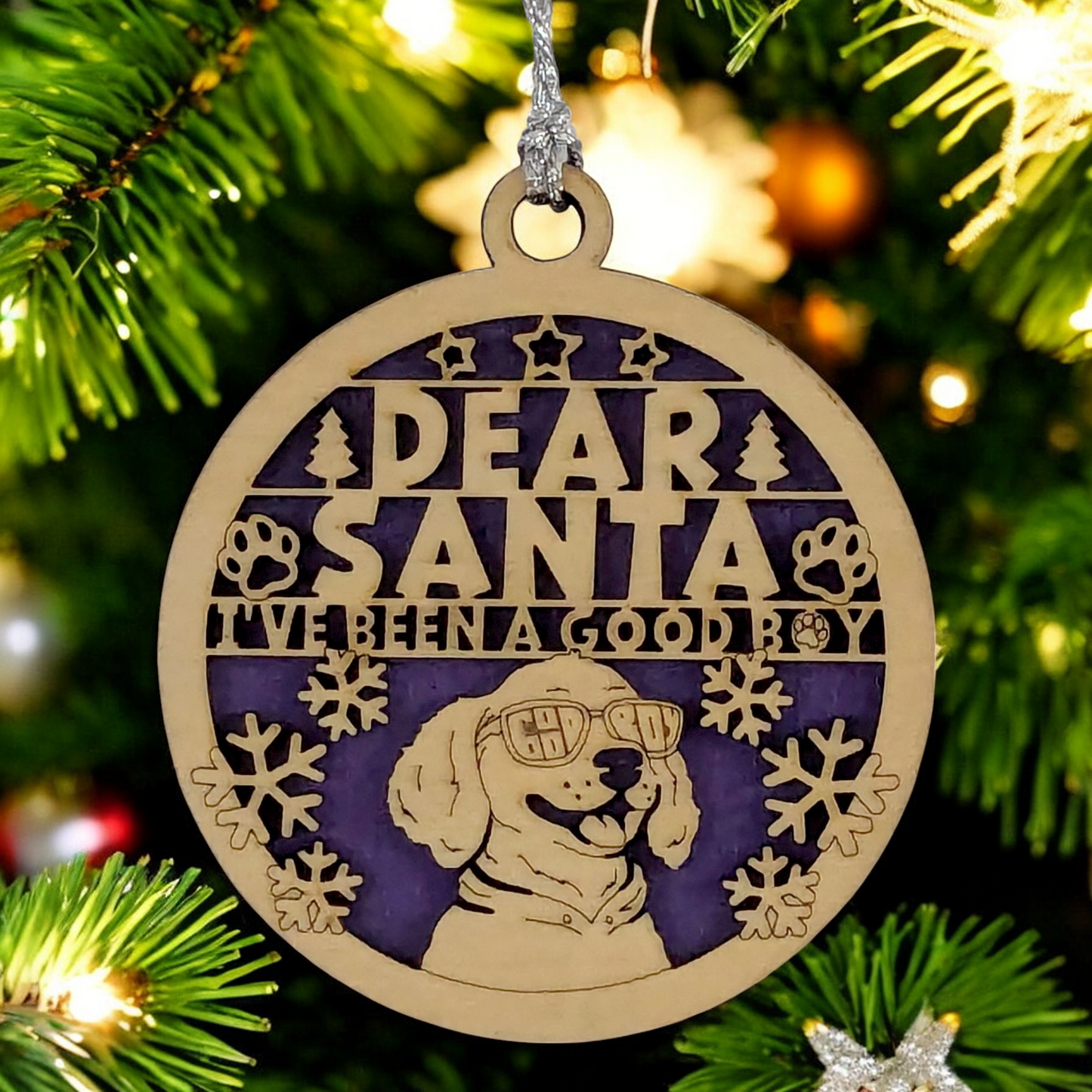 Handmade Dog Christmas Tree Ornament - 3" Wooden Pet Holiday Decoration - Laser Cut "Dear Santa" Good Boy Design - Made in Oregon USA