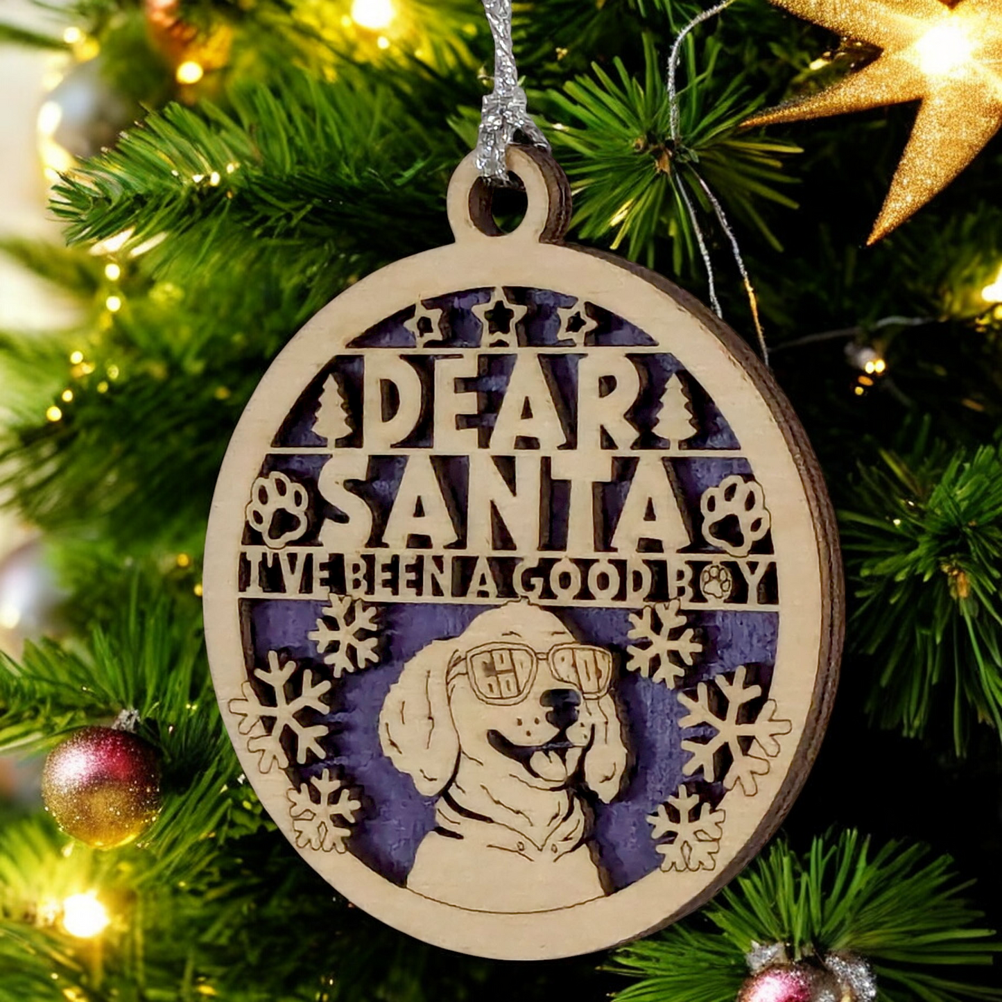 Handmade Dog Christmas Tree Ornament - 3" Wooden Pet Holiday Decoration - Laser Cut "Dear Santa" Good Boy Design - Made in Oregon USA