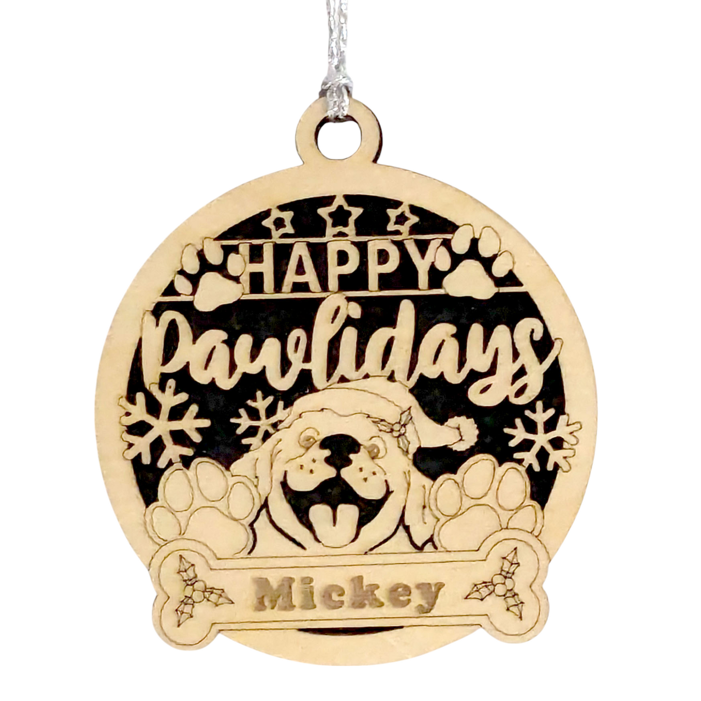 Custom Dog Name Christmas Ornament - Personalized Wooden Pet Holiday Decoration - Happy Pawlidays Dog Design - Handcrafted Gift