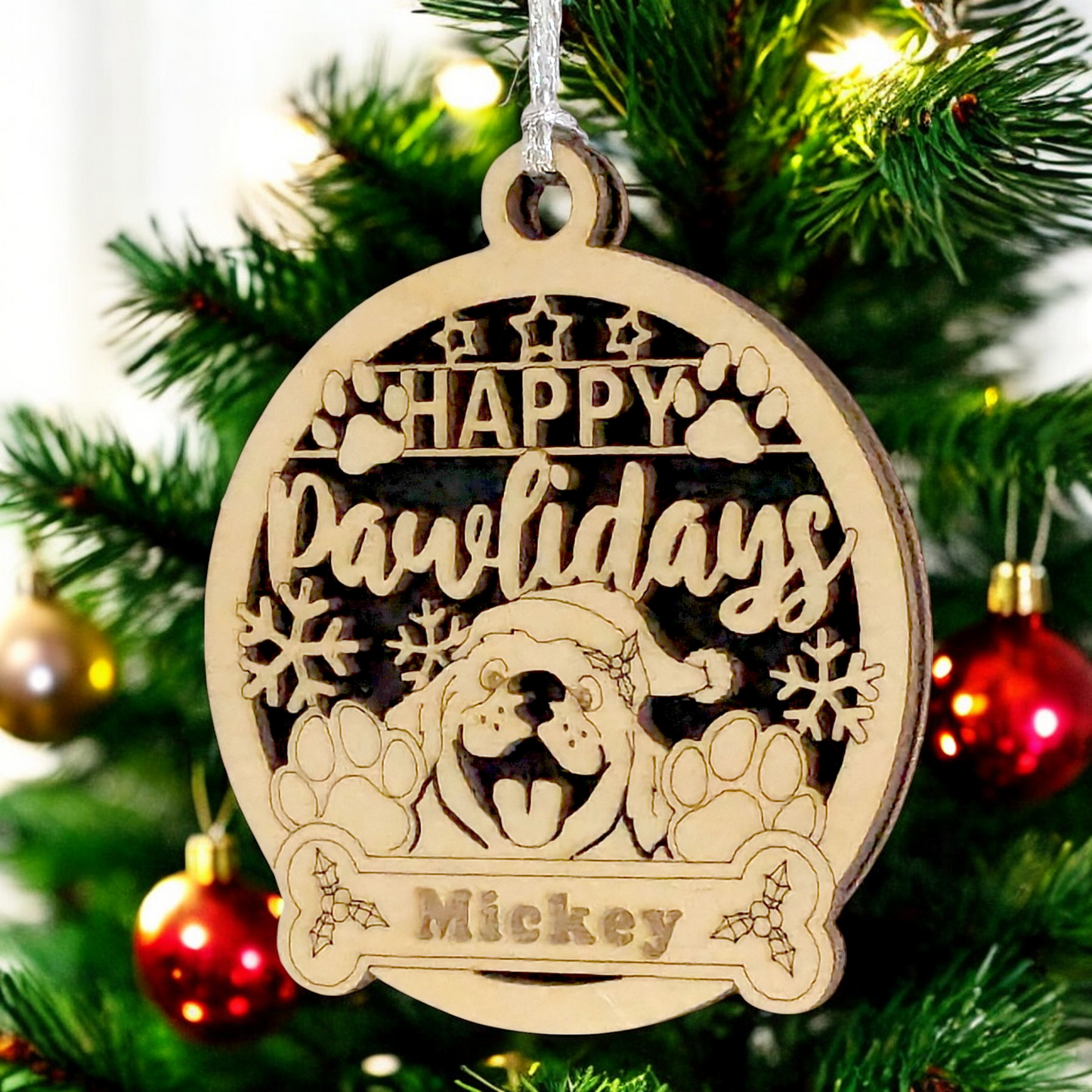 Custom Dog Name Christmas Ornament - Personalized Wooden Pet Holiday Decoration - Happy Pawlidays Dog Design - Handcrafted Gift