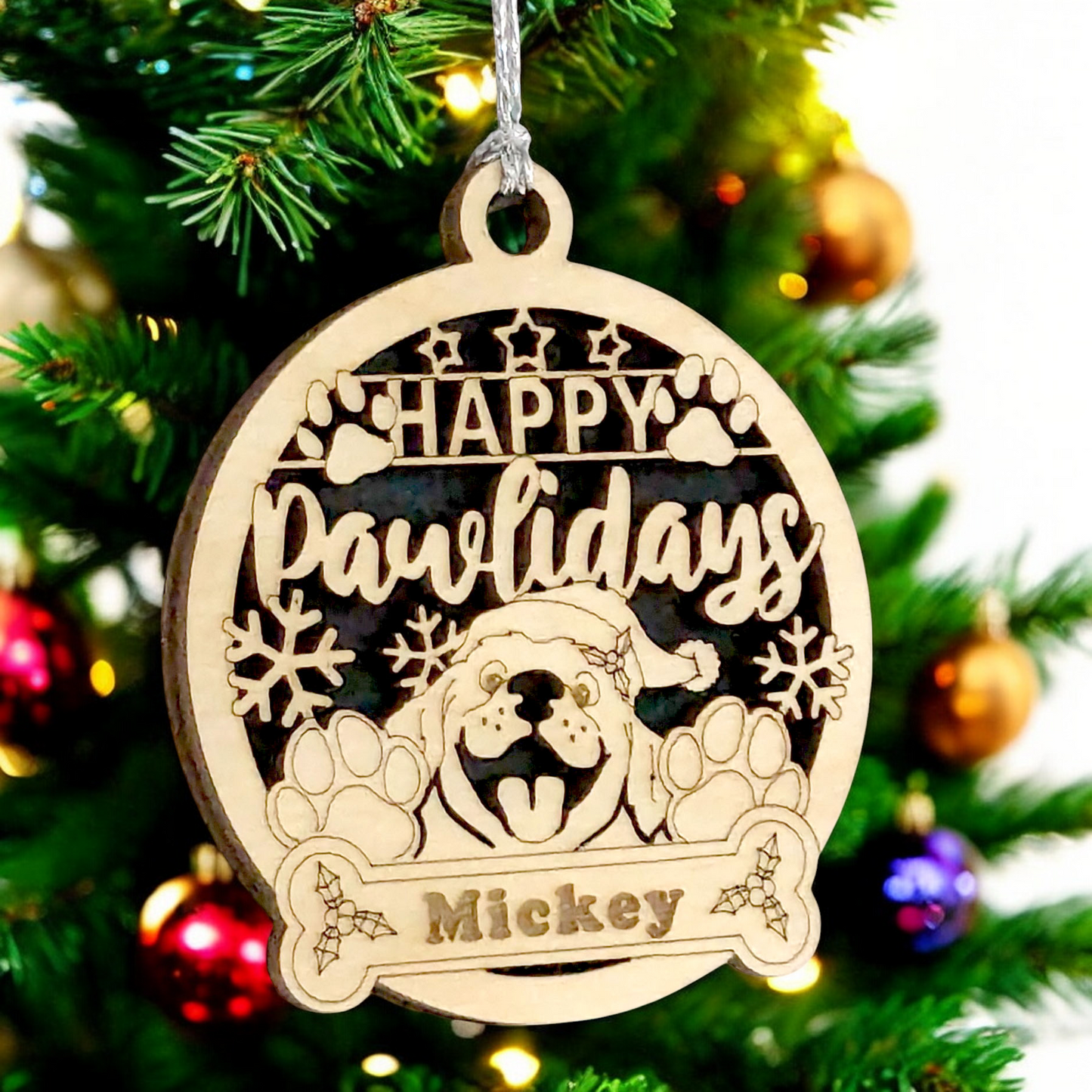 Custom Dog Name Christmas Ornament - Personalized Wooden Pet Holiday Decoration - Happy Pawlidays Dog Design - Handcrafted Gift