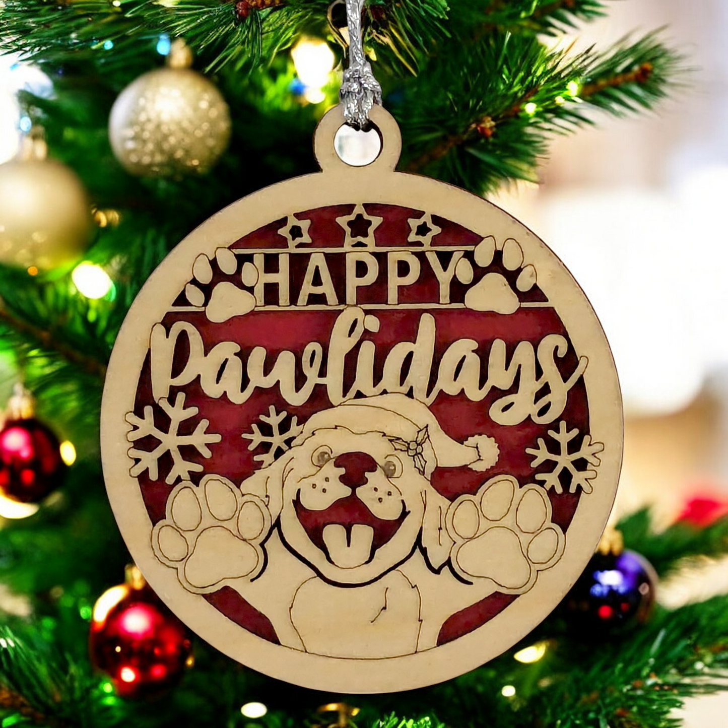 Happy Pawlidays' Dog Christmas Ornament - 3" Laser Cut Wood Holiday Pet Decoration - Two-Layer Design - Handcrafted in Oregon USA - Perfect Dog Lover Gift