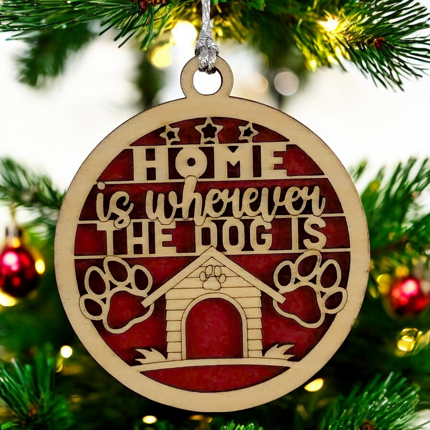 Handcrafted Dog House Christmas Ornament - "Home is wherever the dog is" - 3" Wood Laser Cut Pet Lover Gift - Rustic Holiday Decor - Made in USA