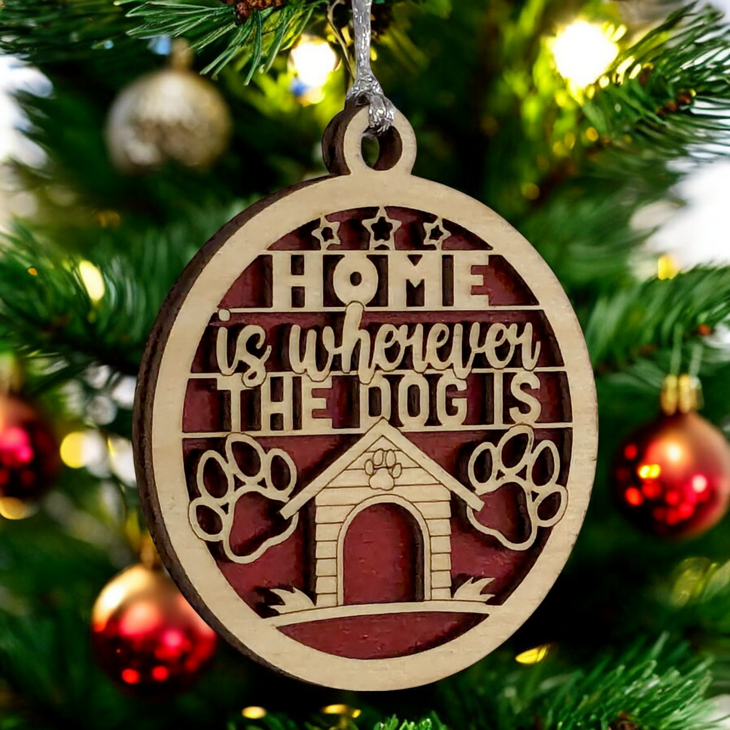 Handcrafted Dog House Christmas Ornament - "Home is wherever the dog is" - 3" Wood Laser Cut Pet Lover Gift - Rustic Holiday Decor - Made in USA