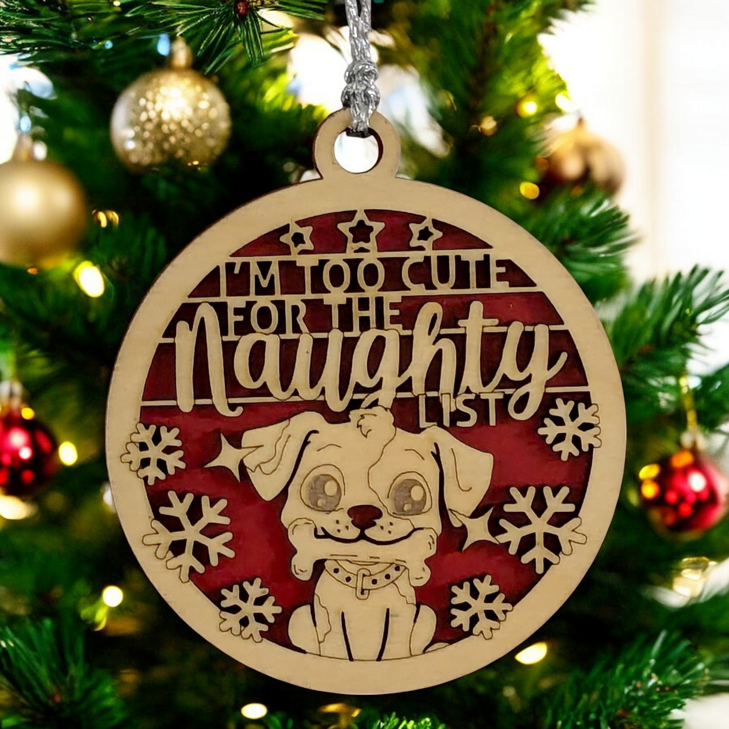 Dog Christmas Ornament - 3" Handcrafted Wood Two-Layer Design - Adorable Puppy with Bone - "Too Cute for Naughty List" - Pet Lover Holiday Gift Made in USA