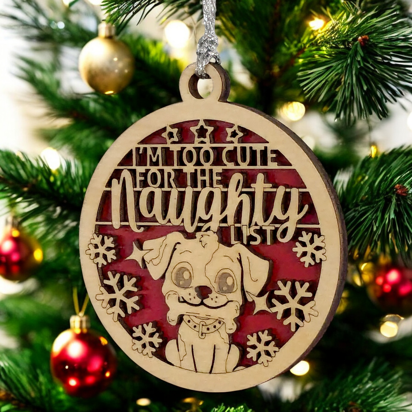 Dog Christmas Ornament - 3" Handcrafted Wood Two-Layer Design - Adorable Puppy with Bone - "Too Cute for Naughty List" - Pet Lover Holiday Gift Made in USA