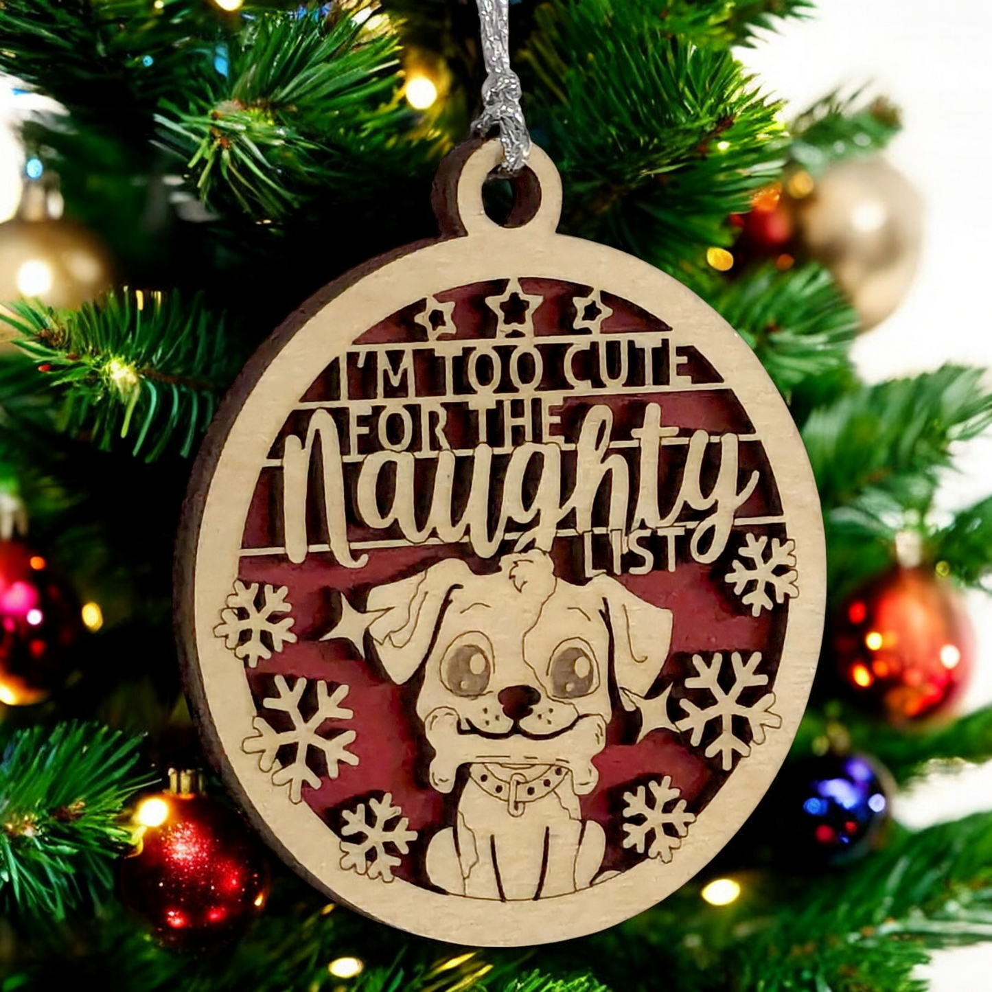 Dog Christmas Ornament - 3" Handcrafted Wood Two-Layer Design - Adorable Puppy with Bone - "Too Cute for Naughty List" - Pet Lover Holiday Gift Made in USA