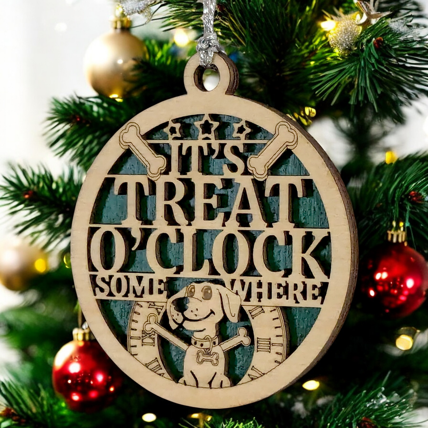 "It's Treat O'Clock Somewhere" Dog Christmas Ornament - 3" Two-Layer Wood Design, Laser Cut Pet Decoration - Unique Holiday Gift for Dog Lovers, Handmade in Oregon