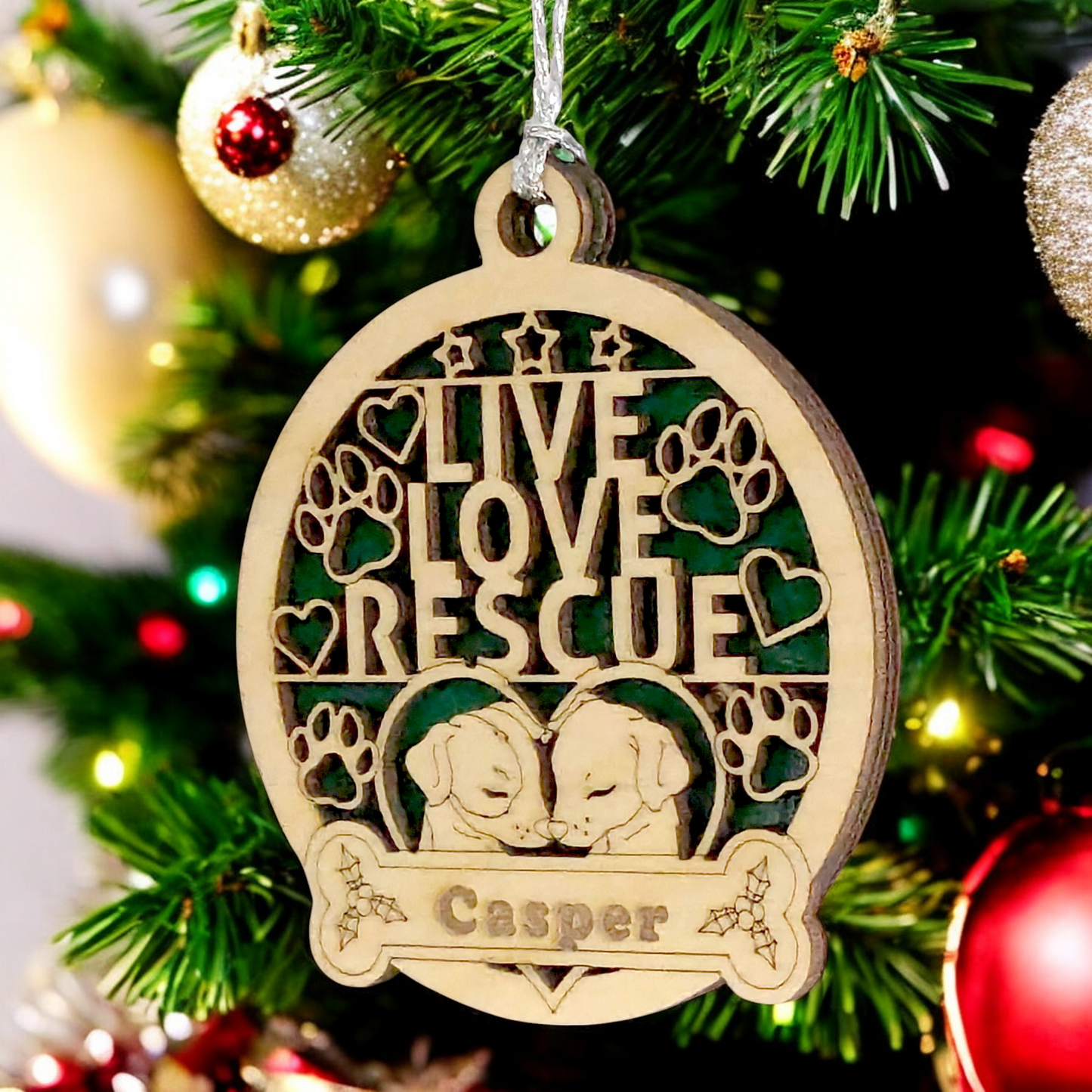 Personalized Dog Christmas Ornament - Custom Wood Pet Decoration with Names - Handcrafted 3" Two Dogs Love Heart Design - Rescue Dog Mom Holiday Gift