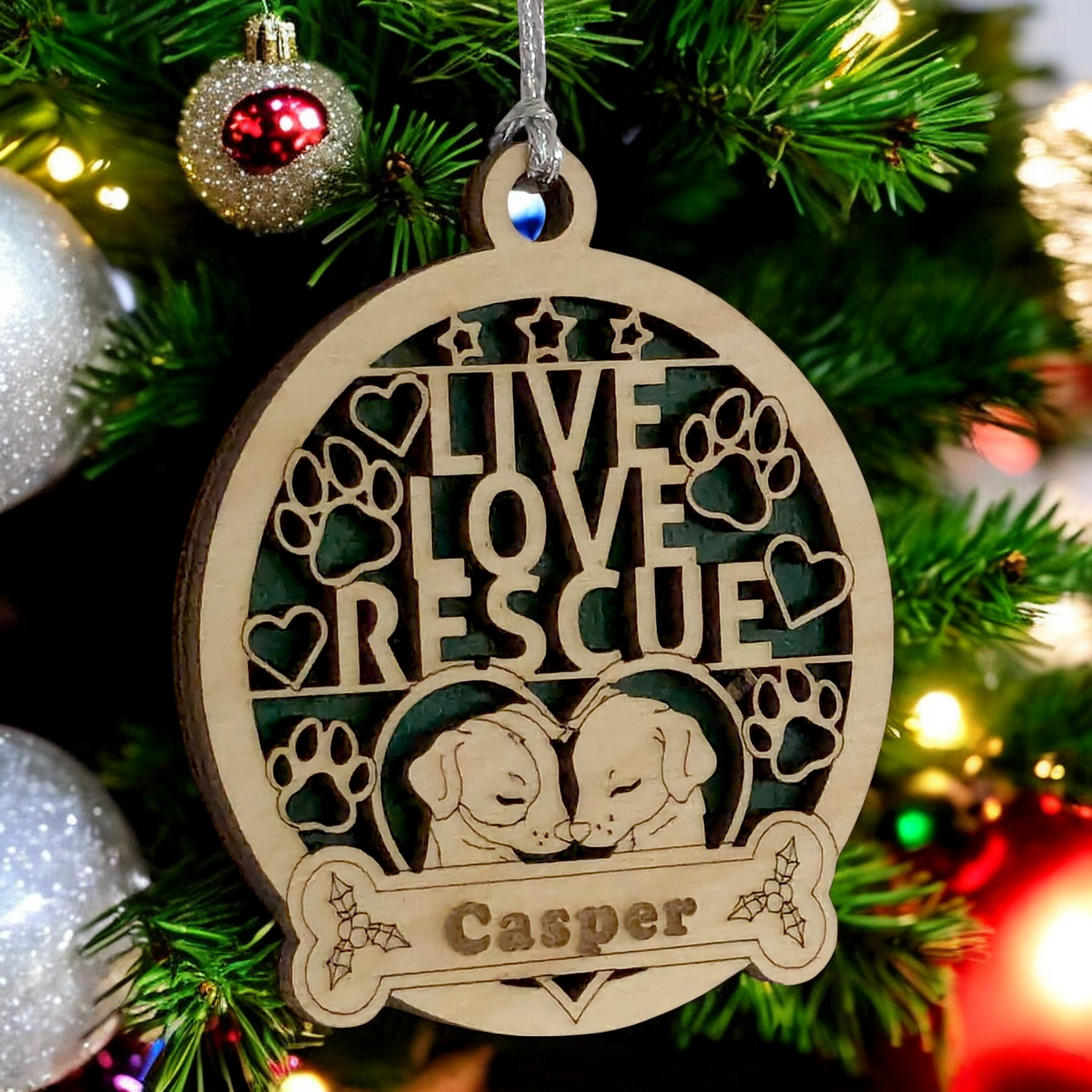 Personalized Dog Christmas Ornament - Custom Wood Pet Decoration with Names - Handcrafted 3" Two Dogs Love Heart Design - Rescue Dog Mom Holiday Gift