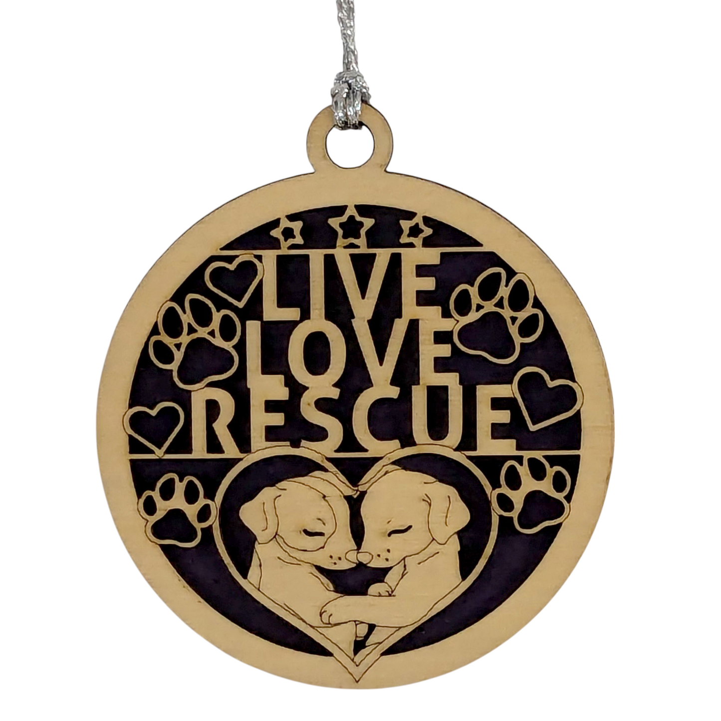 Handcrafted Dog Christmas Ornament - 3" Live Love Rescue Wood Decoration, Two Layer Design with Heart, Pet Lover Gift, Custom Holiday Keepsake, Made in USA