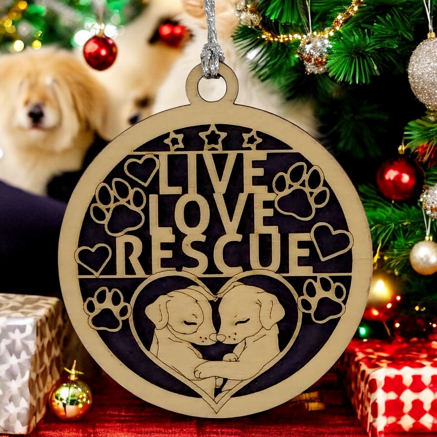 Handcrafted Dog Christmas Ornament - 3" Live Love Rescue Wood Decoration, Two Layer Design with Heart, Pet Lover Gift, Custom Holiday Keepsake, Made in USA