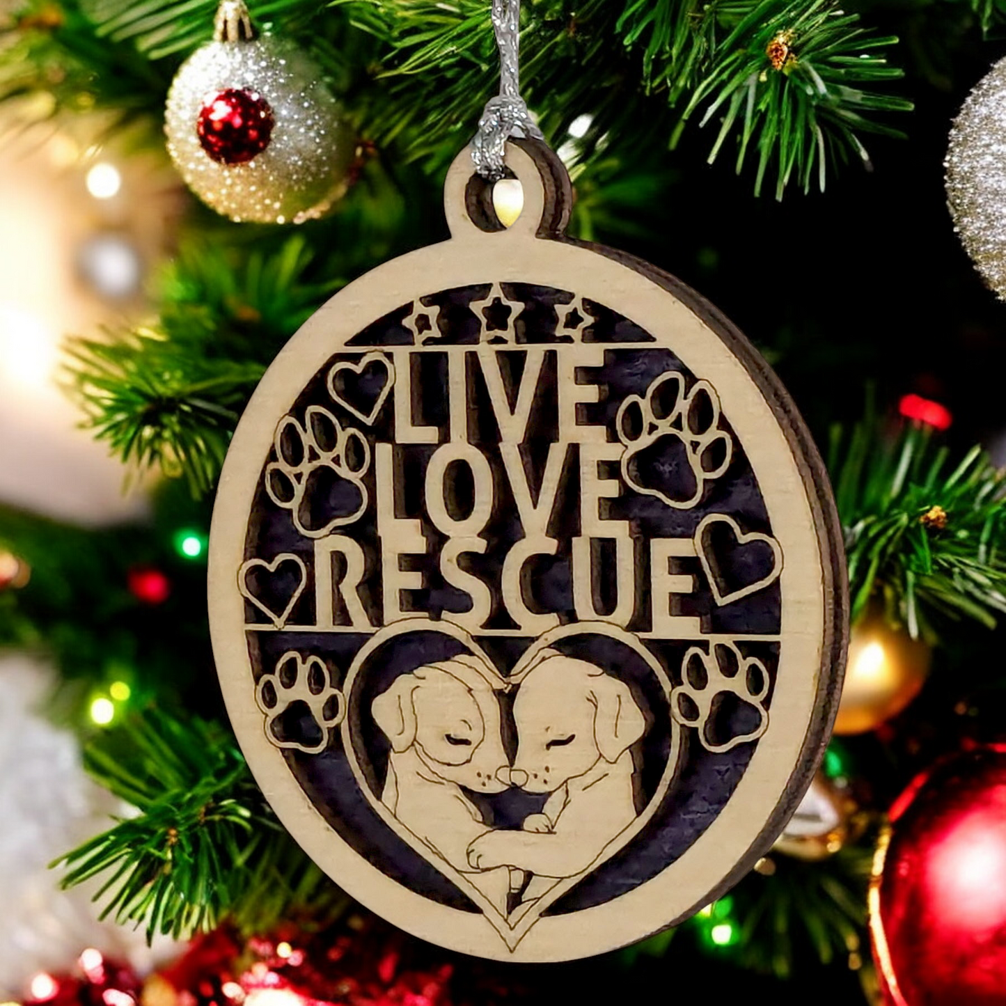 Handcrafted Dog Christmas Ornament - 3" Live Love Rescue Wood Decoration, Two Layer Design with Heart, Pet Lover Gift, Custom Holiday Keepsake, Made in USA