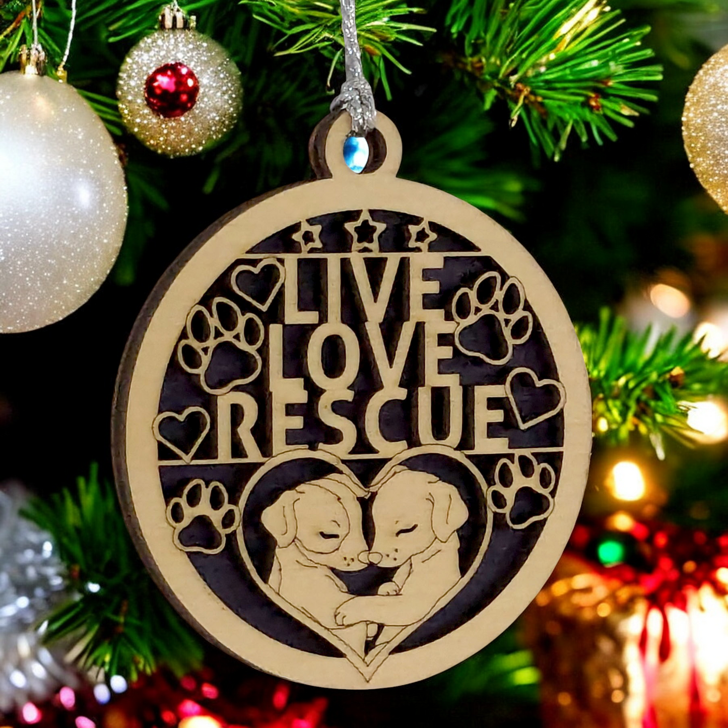 Handcrafted Dog Christmas Ornament - 3" Live Love Rescue Wood Decoration, Two Layer Design with Heart, Pet Lover Gift, Custom Holiday Keepsake, Made in USA