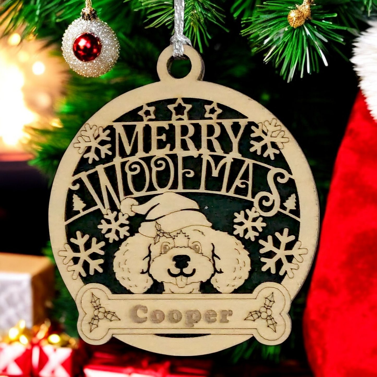 Personalized Merry Woofmas Dog Ornament - 3" Laser Cut Wood Christmas Tree Decoration, Custom Pet Name, Handmade Dog Lover Gift, Two-Layer Design with Snowflakes