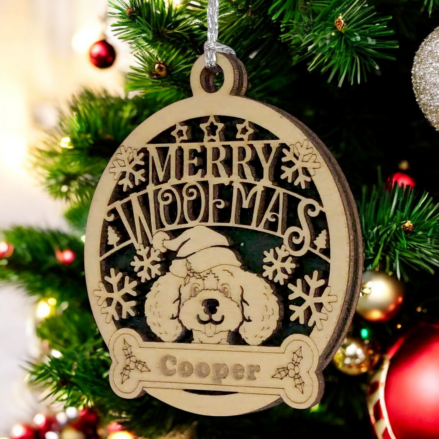 Personalized Merry Woofmas Dog Ornament - 3" Laser Cut Wood Christmas Tree Decoration, Custom Pet Name, Handmade Dog Lover Gift, Two-Layer Design with Snowflakes