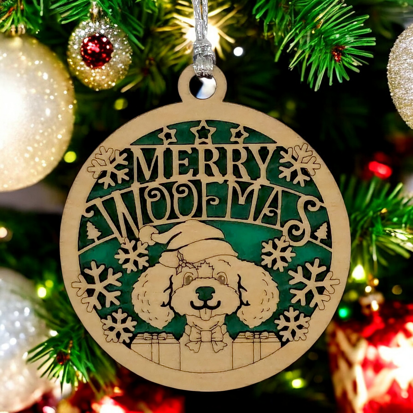 Handcrafted Dog Christmas Ornament - 3" Wooden Two-Layer Laser Cut "Merry Woofmas" Pet Holiday Decoration with Snowflakes - Handmade in Oregon USA
