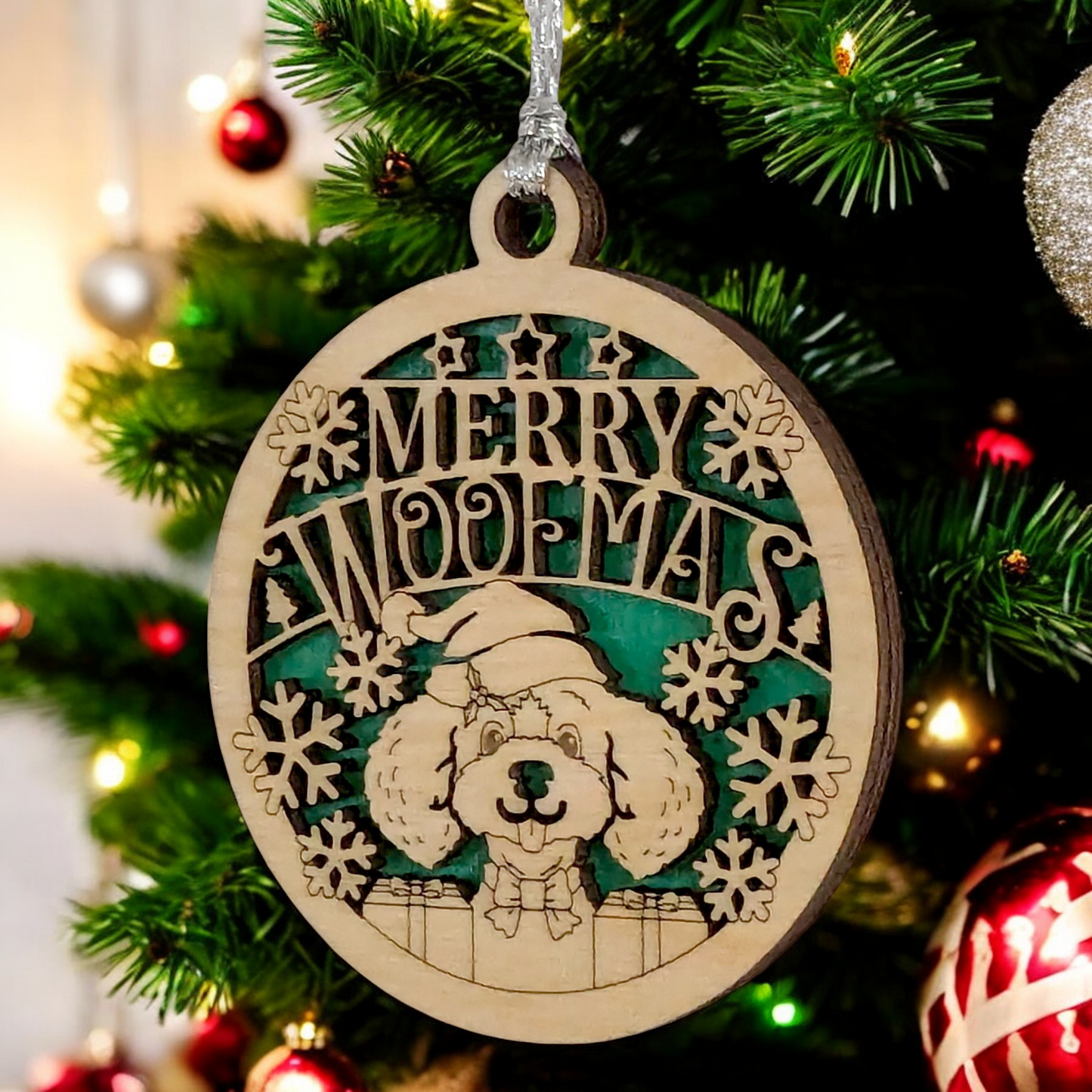 Handcrafted Dog Christmas Ornament - 3" Wooden Two-Layer Laser Cut "Merry Woofmas" Pet Holiday Decoration with Snowflakes - Handmade in Oregon USA