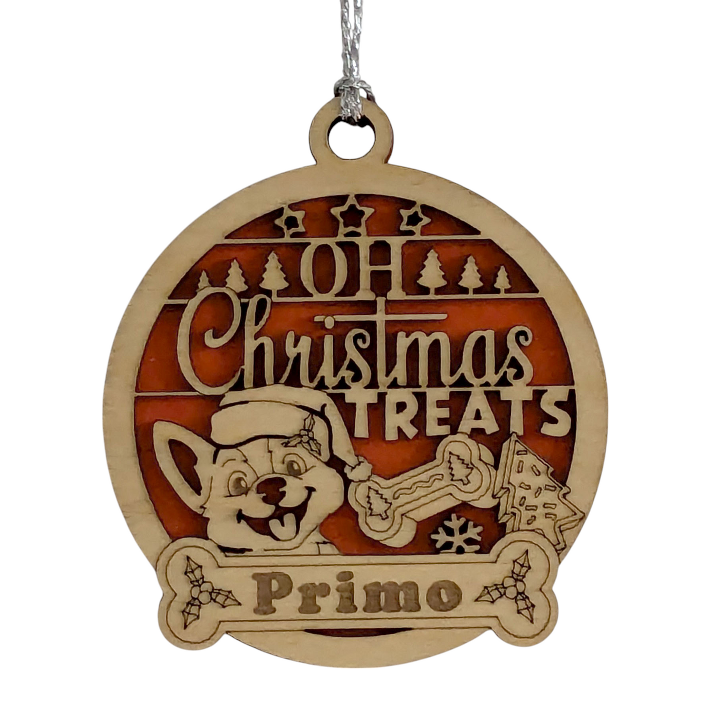 Personalized Pet Christmas Ornament - Handmade Wood Dog Design - Custom Name Holiday Decoration - Laser Cut Dog Treat Ornament - Made in USA