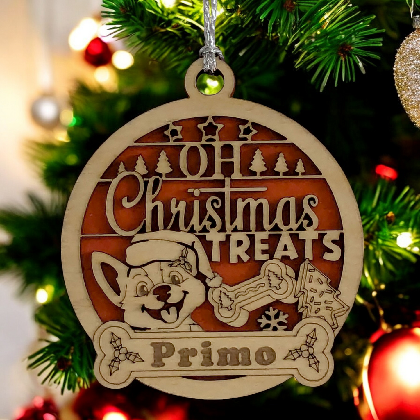 Personalized Pet Christmas Ornament - Handmade Wood Dog Design - Custom Name Holiday Decoration - Laser Cut Dog Treat Ornament - Made in USA