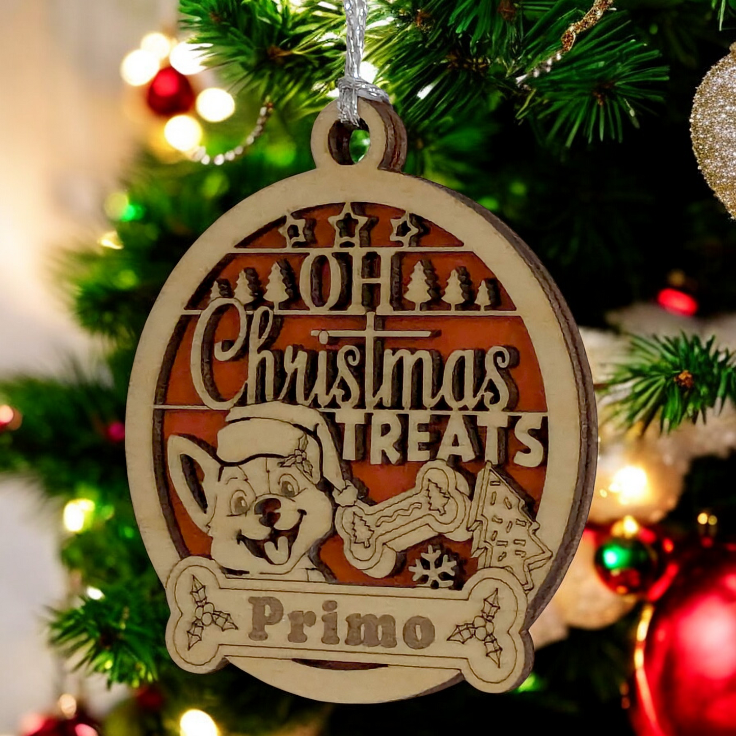 Personalized Pet Christmas Ornament - Handmade Wood Dog Design - Custom Name Holiday Decoration - Laser Cut Dog Treat Ornament - Made in USA