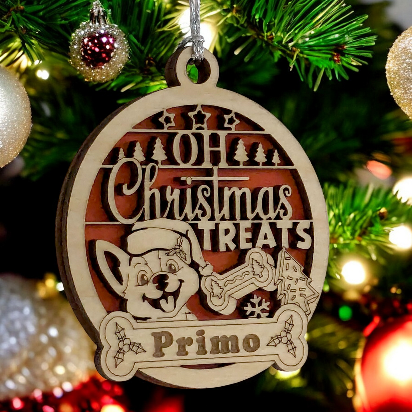 Personalized Pet Christmas Ornament - Handmade Wood Dog Design - Custom Name Holiday Decoration - Laser Cut Dog Treat Ornament - Made in USA