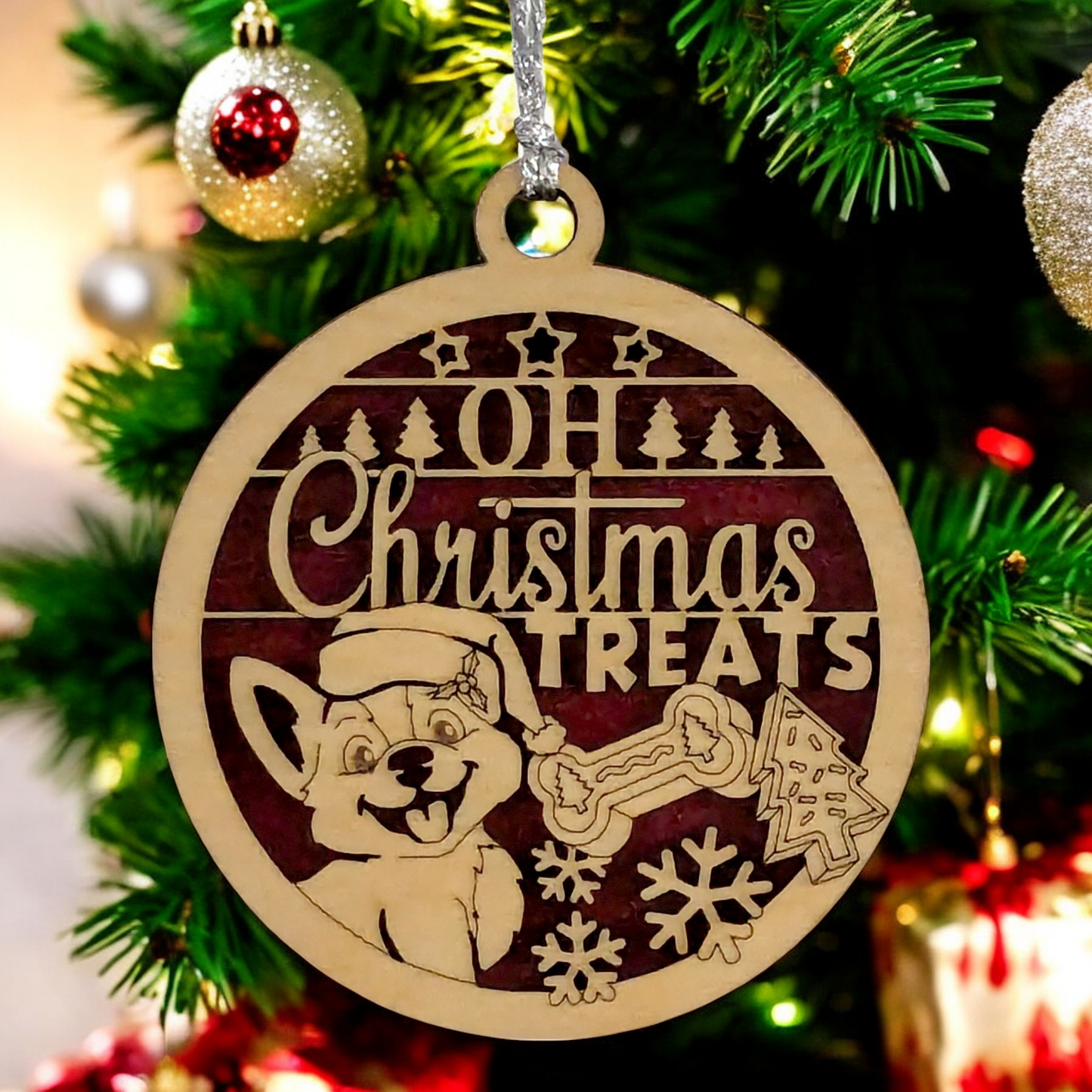 Oh Christmas Treats Dog Ornament - 3 inch Handcrafted Wooden Pet Decoration - Two-Layer Laser Cut Design - Made in USA Christmas Tree Dog Lover Gift