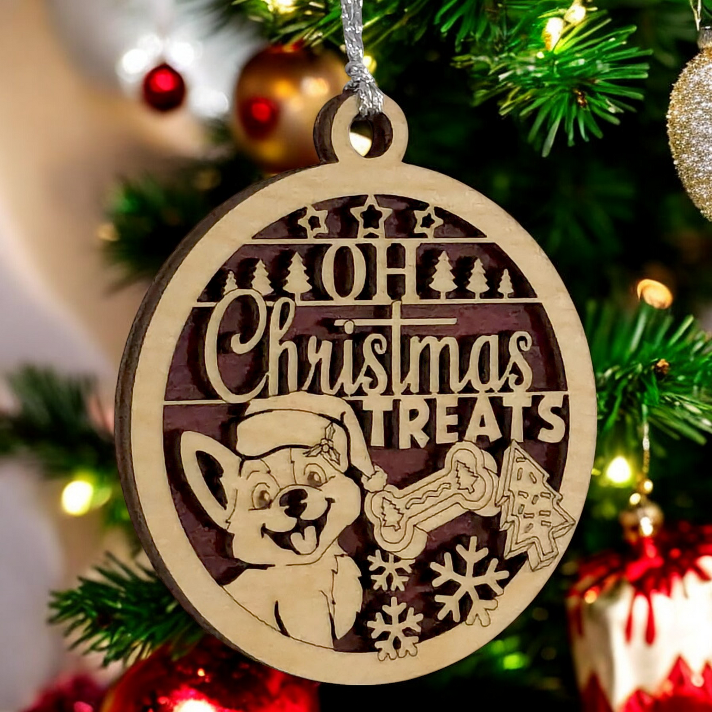 Oh Christmas Treats Dog Ornament - 3 inch Handcrafted Wooden Pet Decoration - Two-Layer Laser Cut Design - Made in USA Christmas Tree Dog Lover Gift