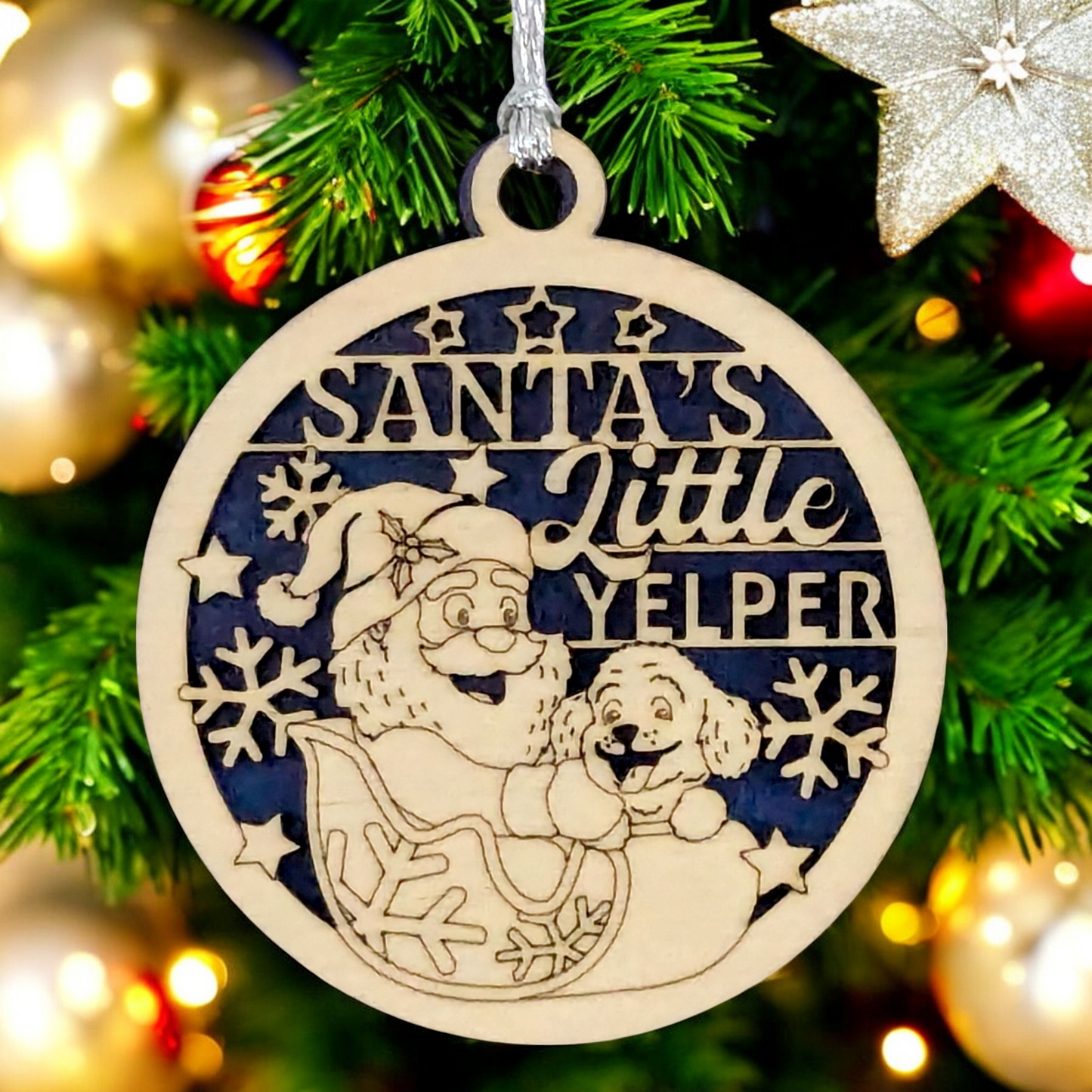 Santa's Little Yelper Wooden Ornament - 3" Handcrafted Dog Christmas Decoration, Two-Layer Laser Cut Design, Pet Lover Holiday Gift