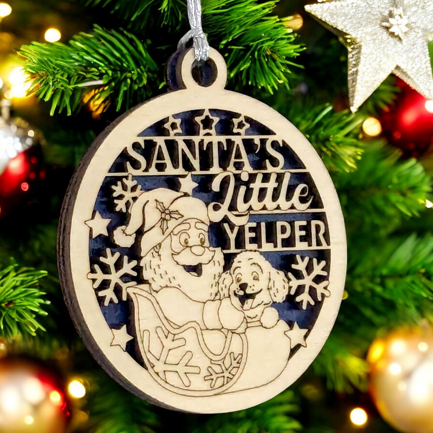 Santa's Little Yelper Wooden Ornament - 3" Handcrafted Dog Christmas Decoration, Two-Layer Laser Cut Design, Pet Lover Holiday Gift