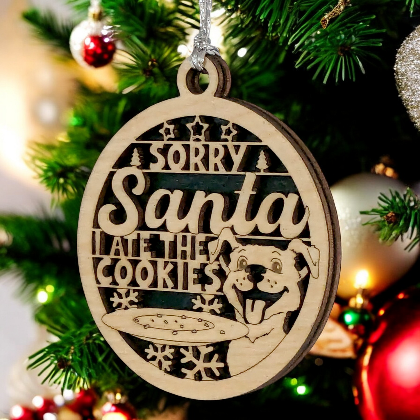 Funny Dog Christmas Ornament - Handmade 3" Wood Slice "Sorry Santa, I Ate The Cookies" - Pet Lover Holiday Decoration - Rustic Farmhouse Tree Decor - Made in USA