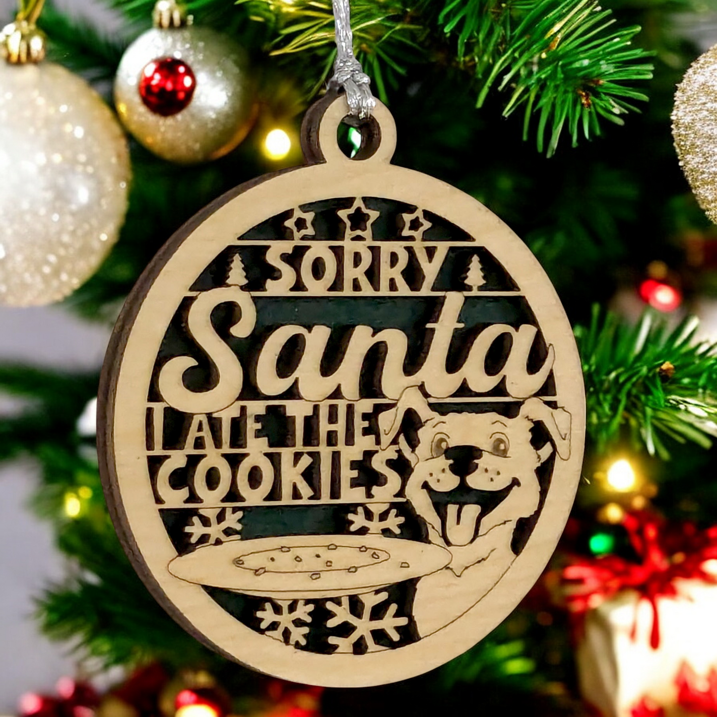 Funny Dog Christmas Ornament - Handmade 3" Wood Slice "Sorry Santa, I Ate The Cookies" - Pet Lover Holiday Decoration - Rustic Farmhouse Tree Decor - Made in USA